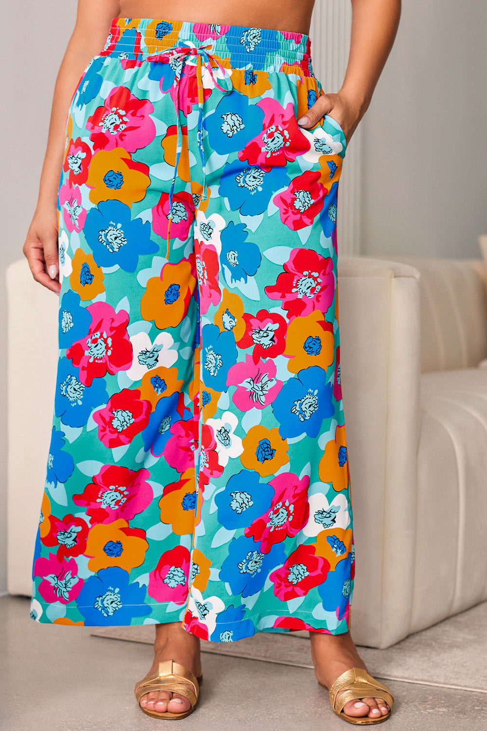 Plus Size Floral Drawstring Wide Leg Pants with Pockets 