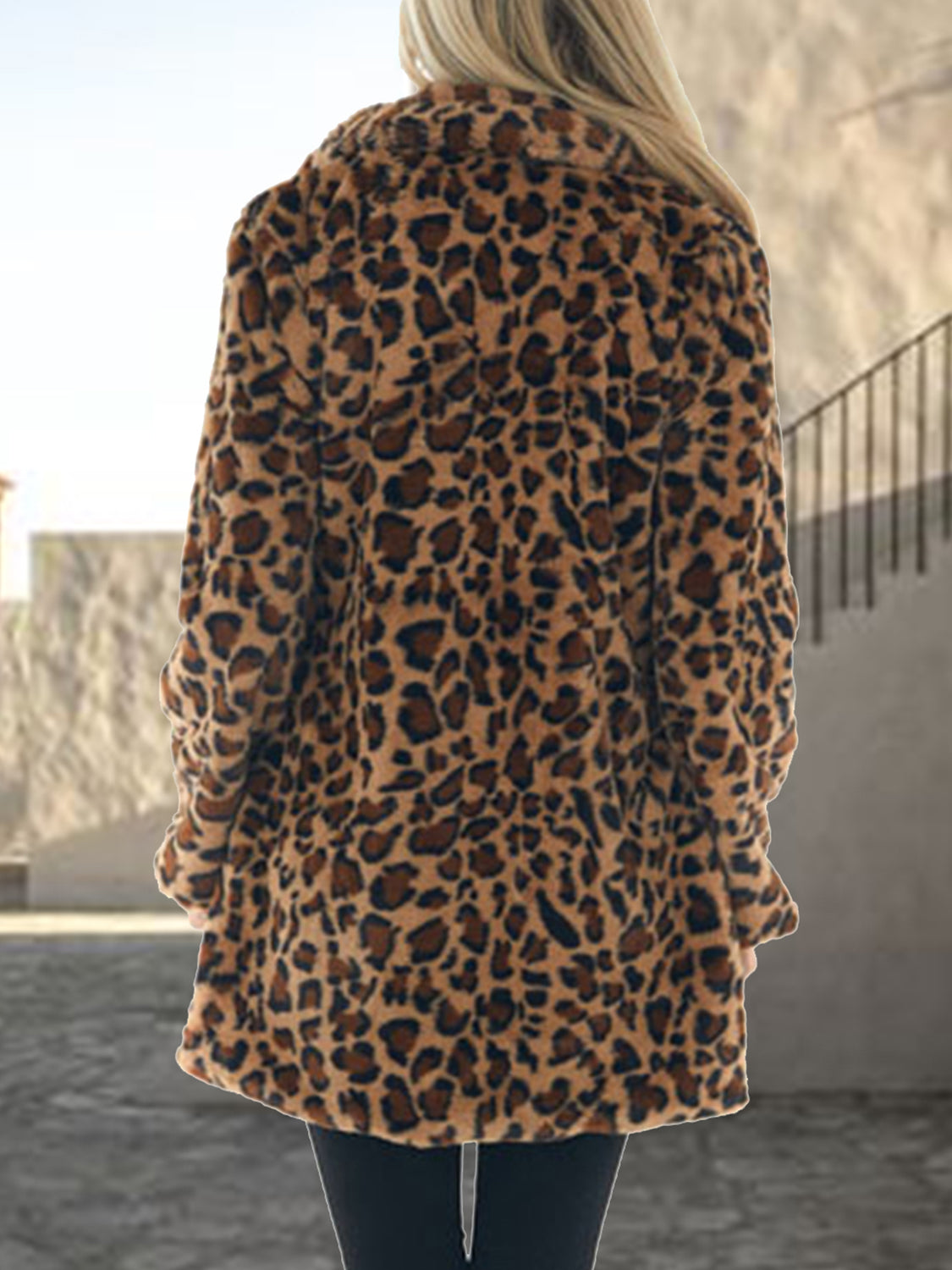 Leopard Collared Neck Coat with Pockets 