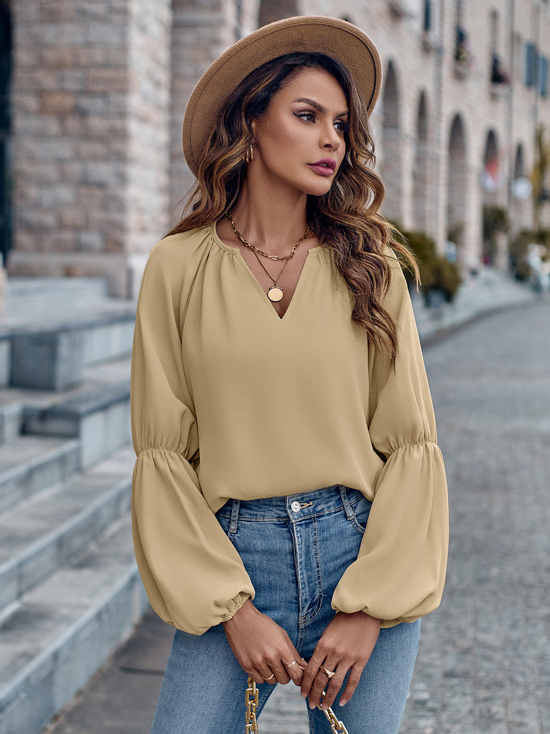 Notched Neck Long Sleeve Top 