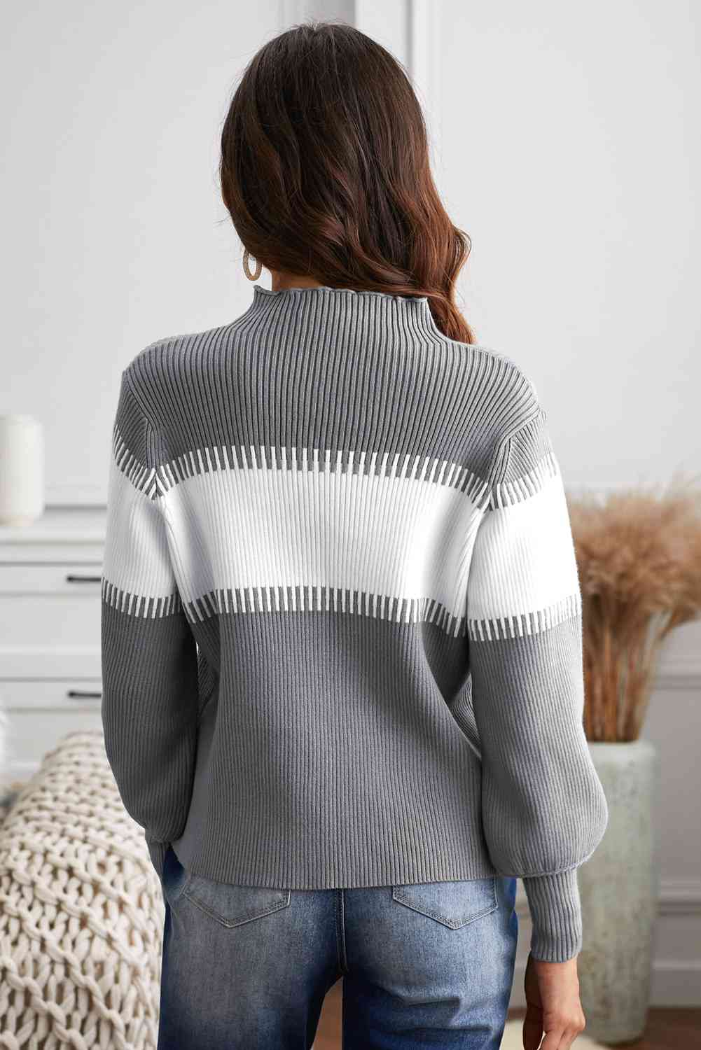 Color Block High Neck Lantern Sleeve Pullover Sweater 