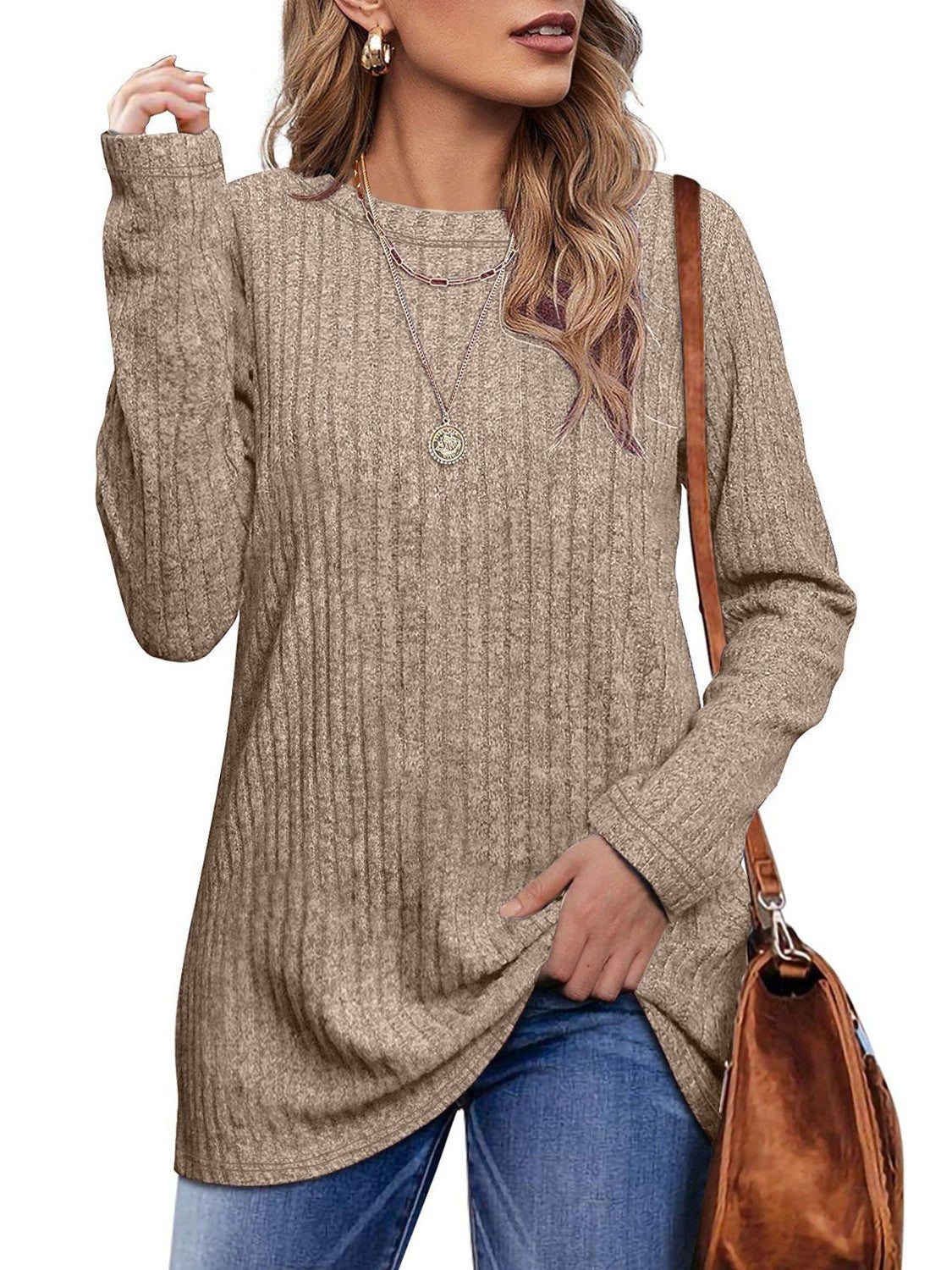 Ribbed Round Neck Long Sleeve Blouse 