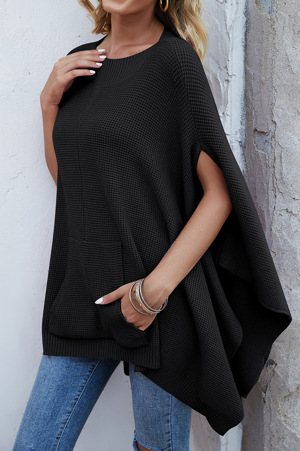 Waffle-Knit Pocketed Cape Sleeve Sweater 