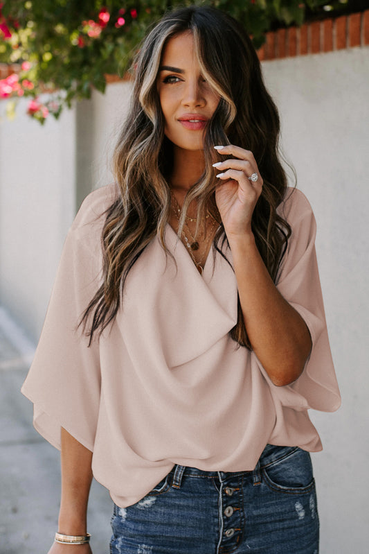 Short Sleeve Draped Blouse - Babbazon blouse