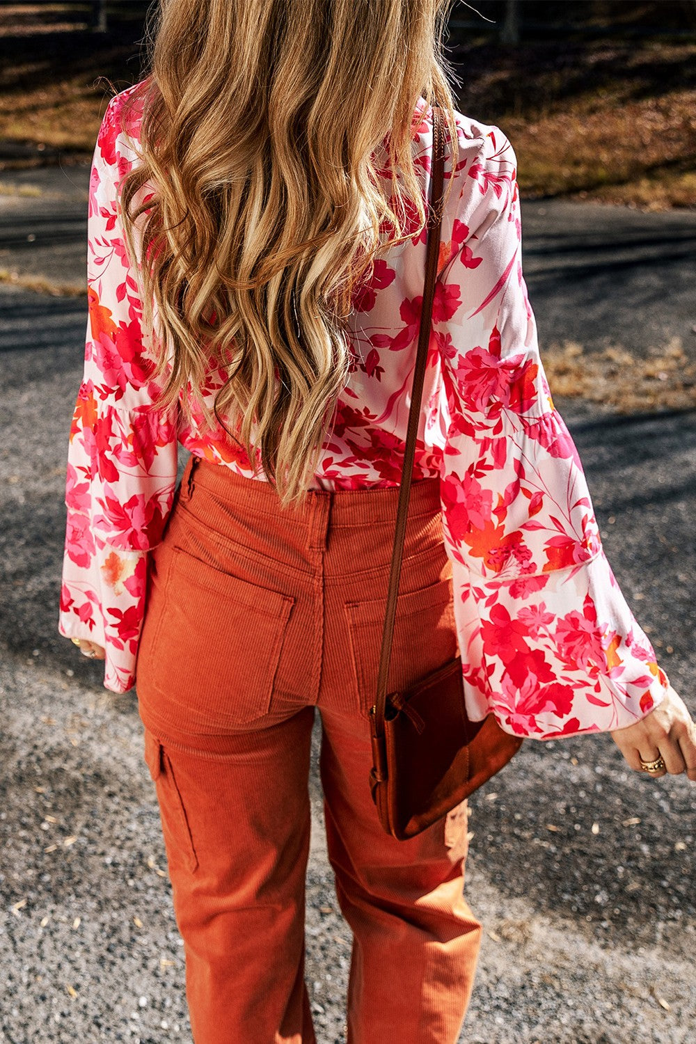 Floral Flare Sleeve Button Up V-Neck Bodysuit 