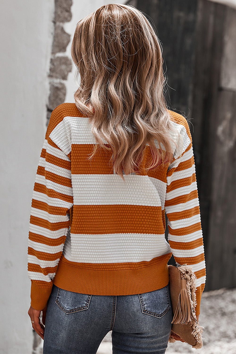 Striped Round Neck Dropped Shoulder Sweater 