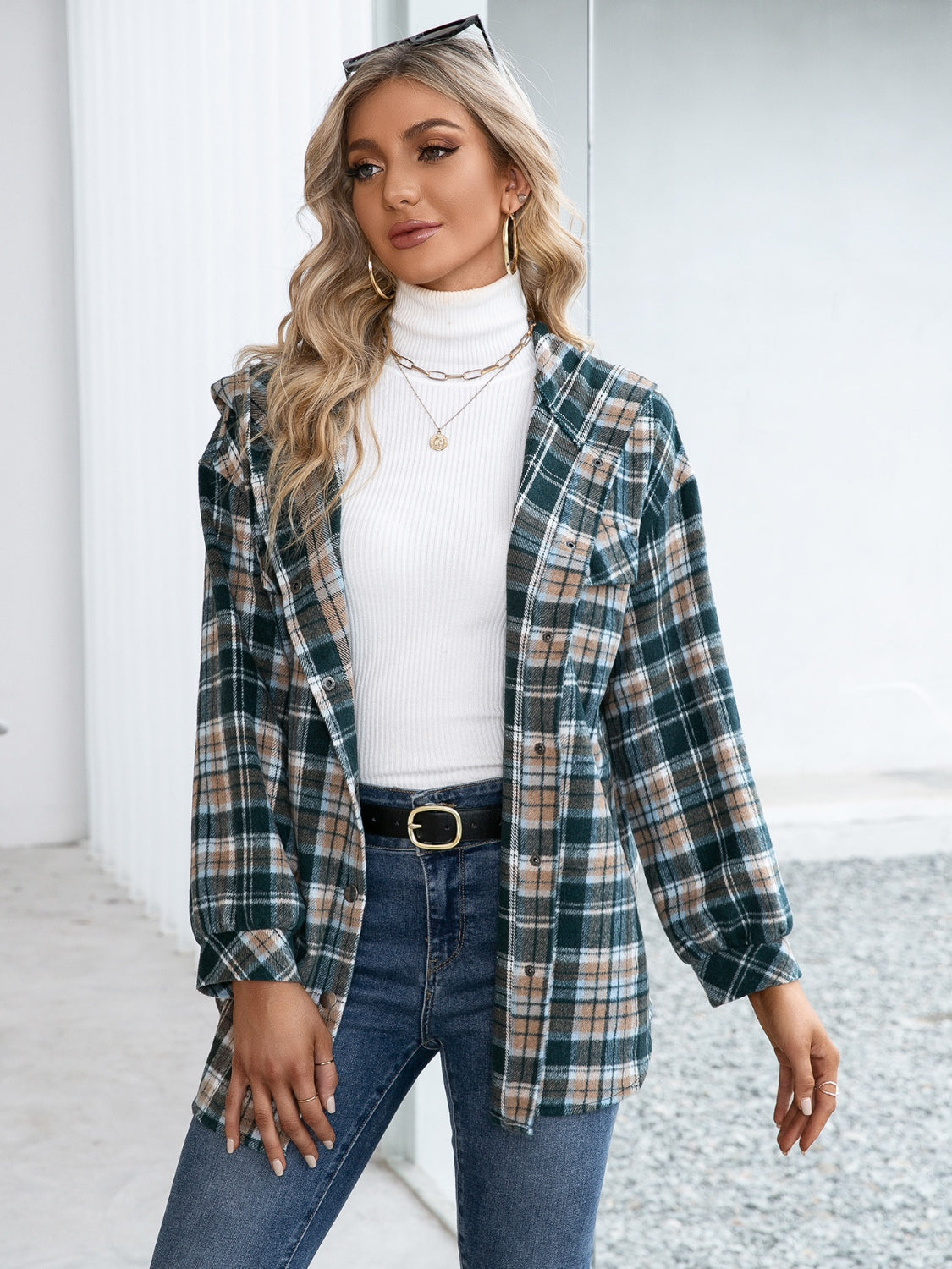 Plaid Snap Down Hooded Jacket 