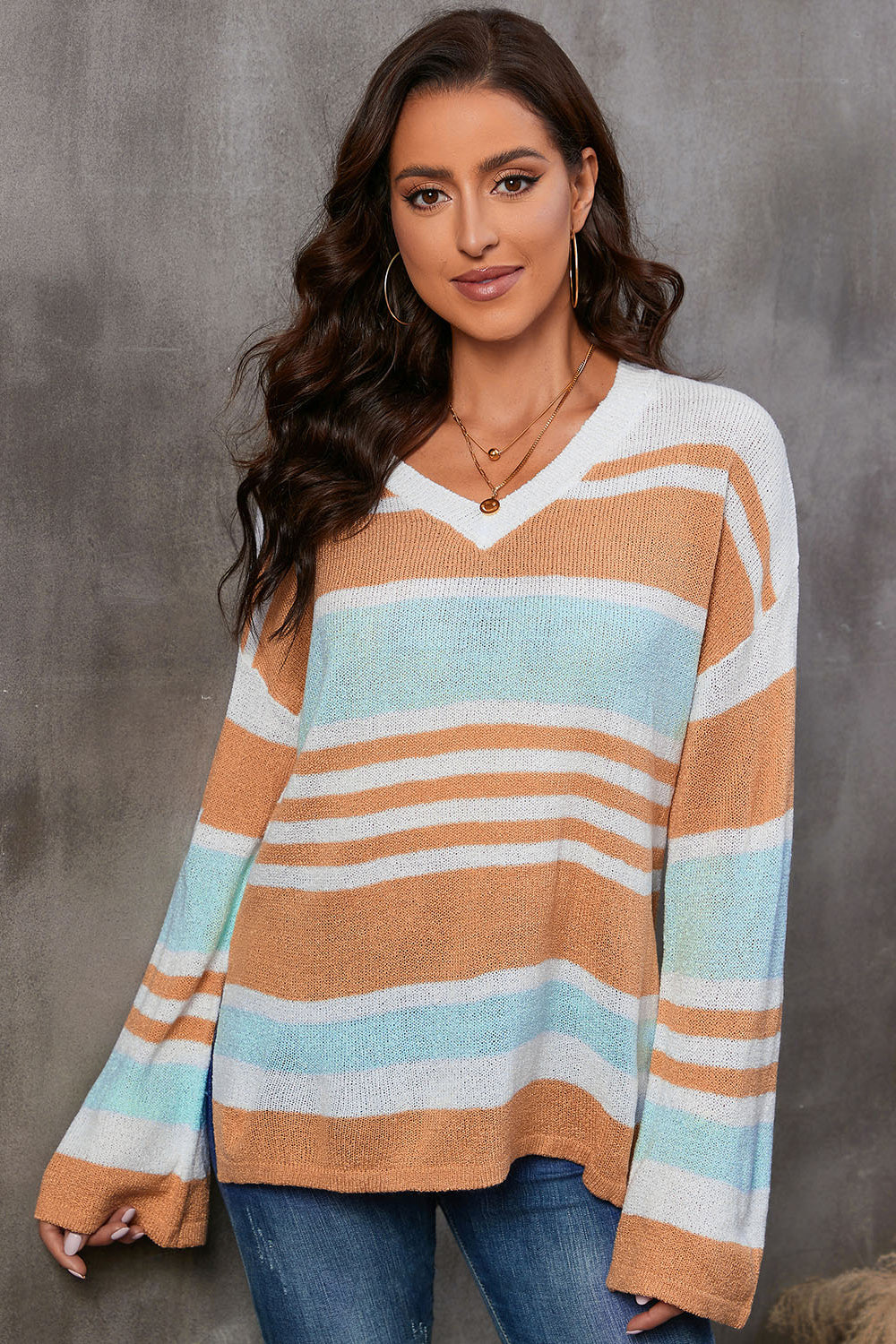 Striped V-Neck Knit Top 