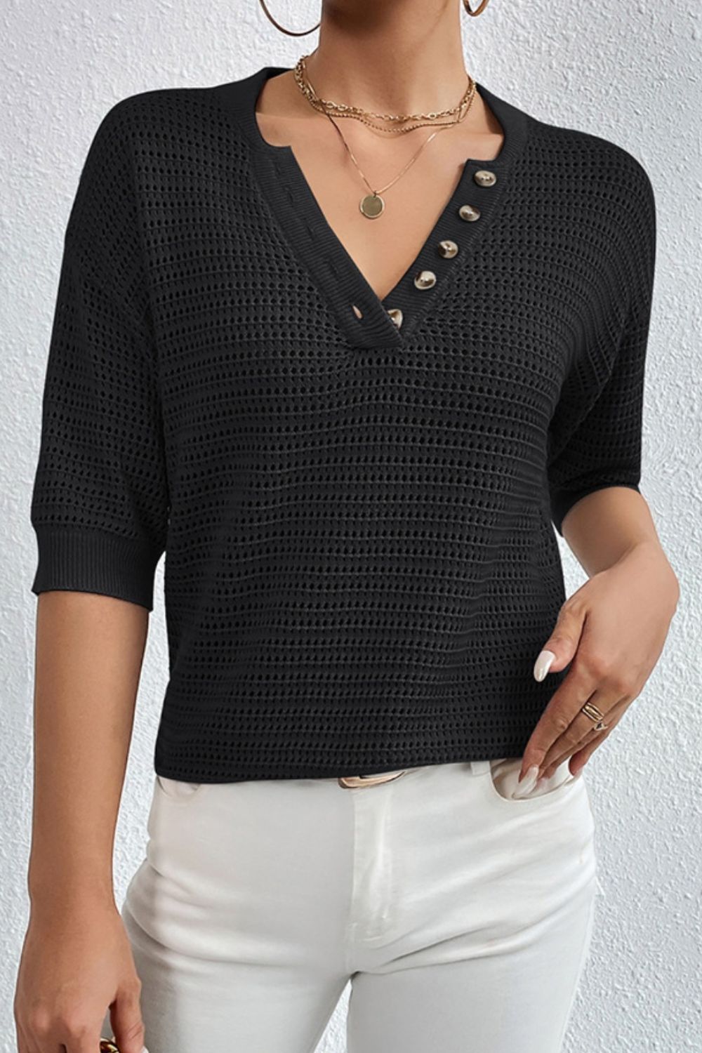 Openwork Half Button Dropped Shoulder Knit Top 