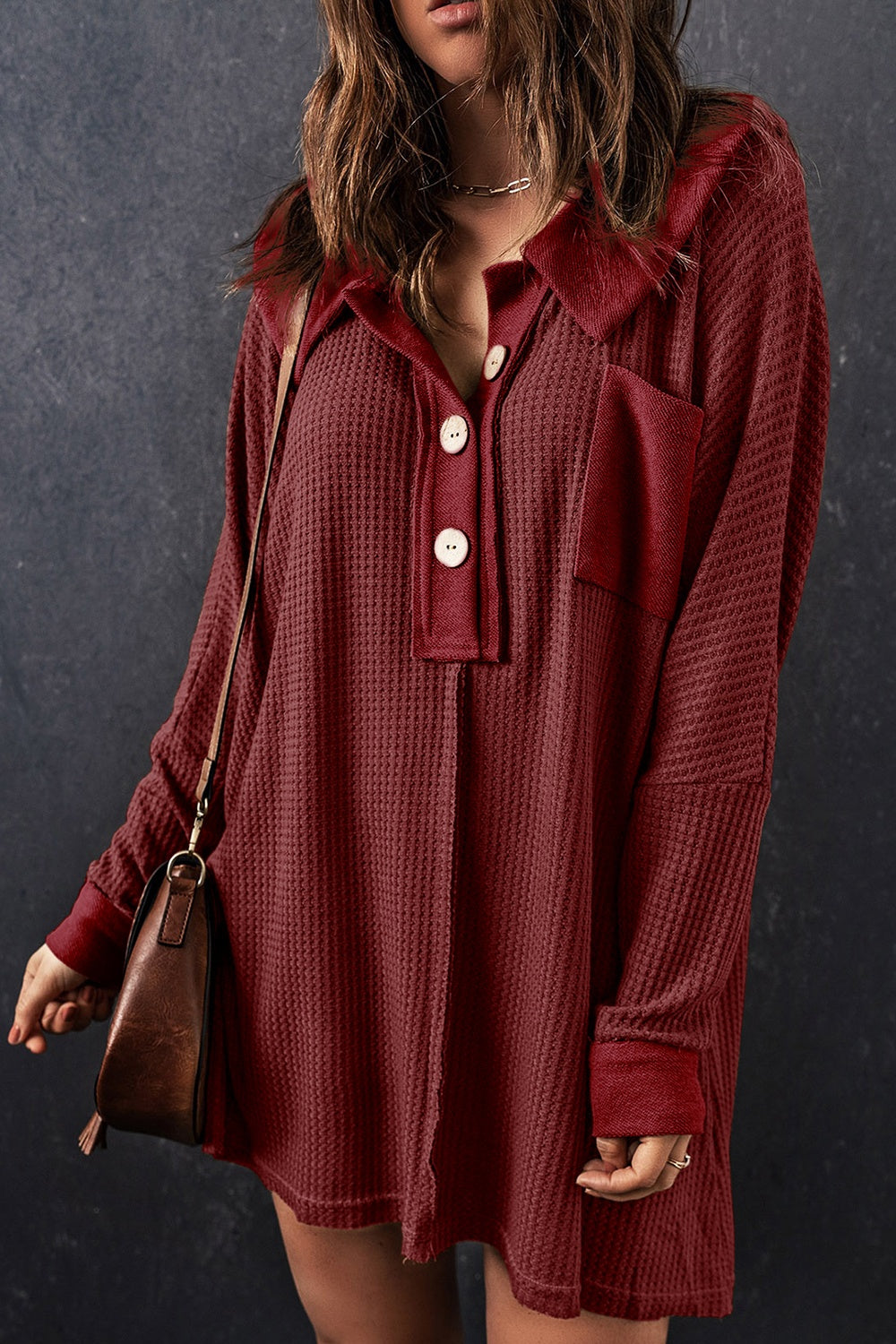 Waffle Knit Buttoned Long Sleeve Top with Breast Pocket - Babbazon Tops