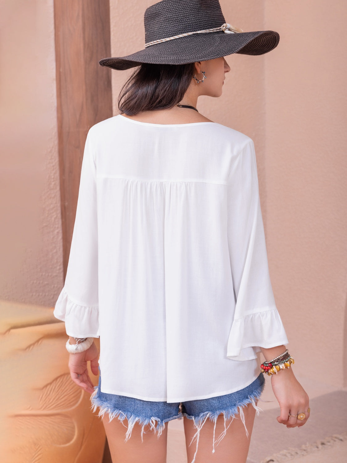 Cutout V-Neck Flounce Sleeve Blouse 