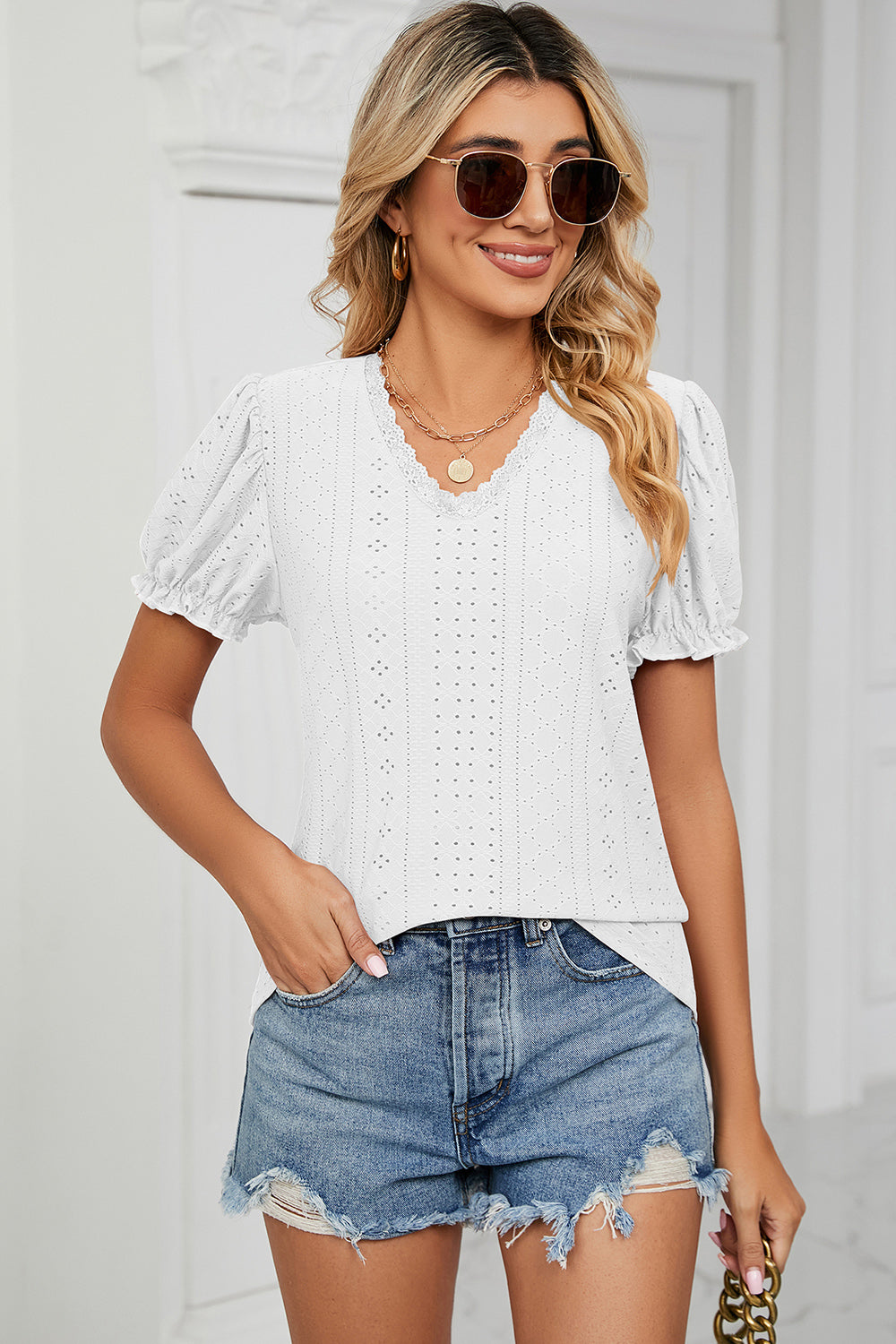 Eyelet V-Neck Short Sleeve Top 