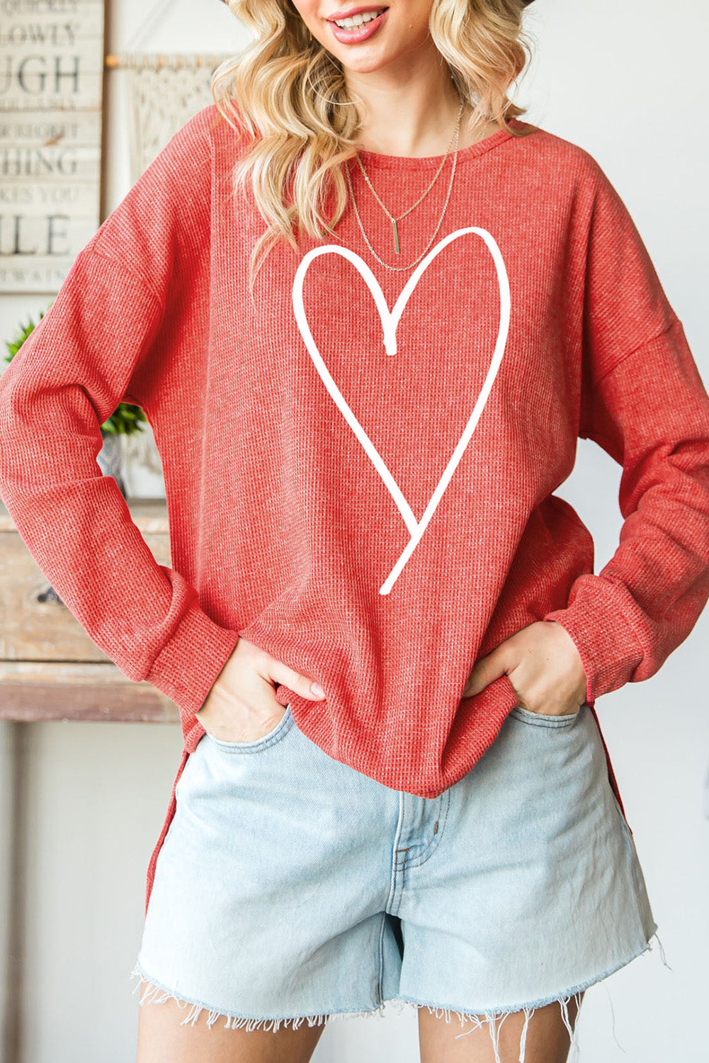 Slit Waffle-Knit Boat Neck Long Sleeve Sweatshirt 