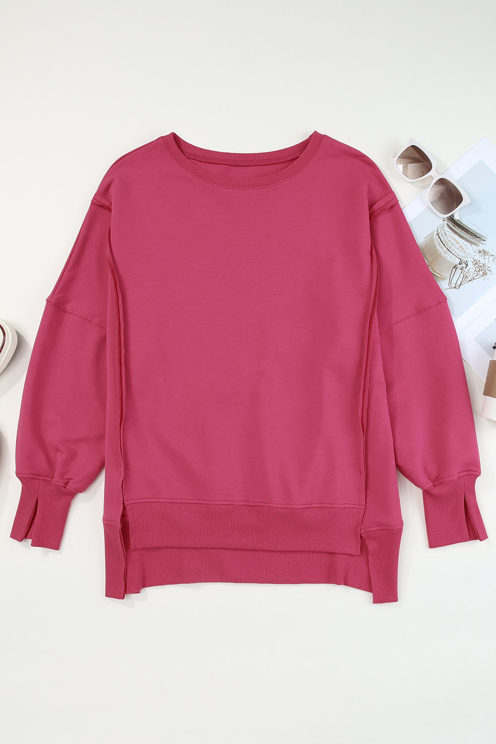 Slit Exposed Seam Round Neck Sweatshirt 