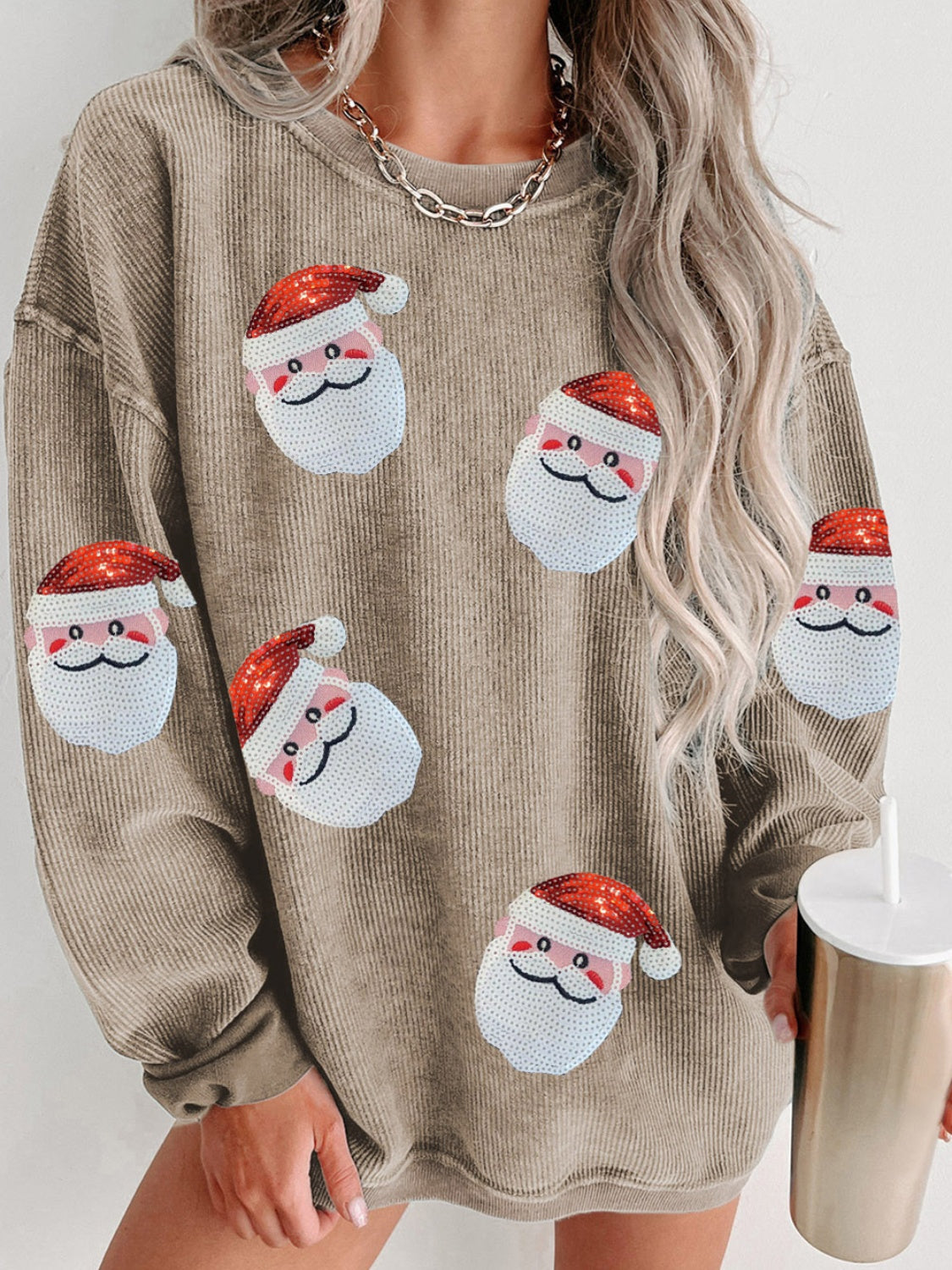 Sequin Santa Patch Ribbed Sweatshirt - Babbazon Sparkly Clothes