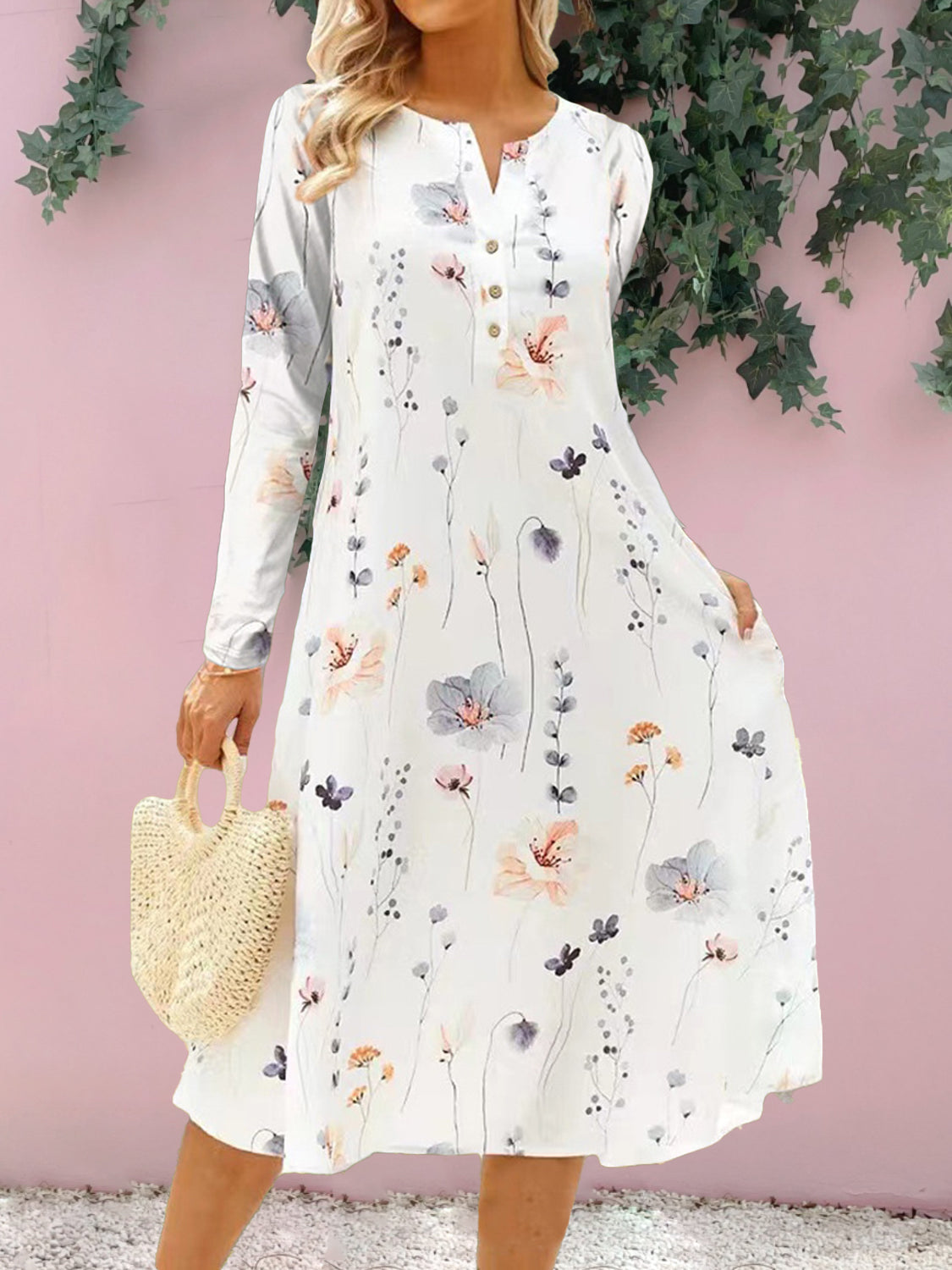 Floral Notched Long Sleeve Midi Dress 