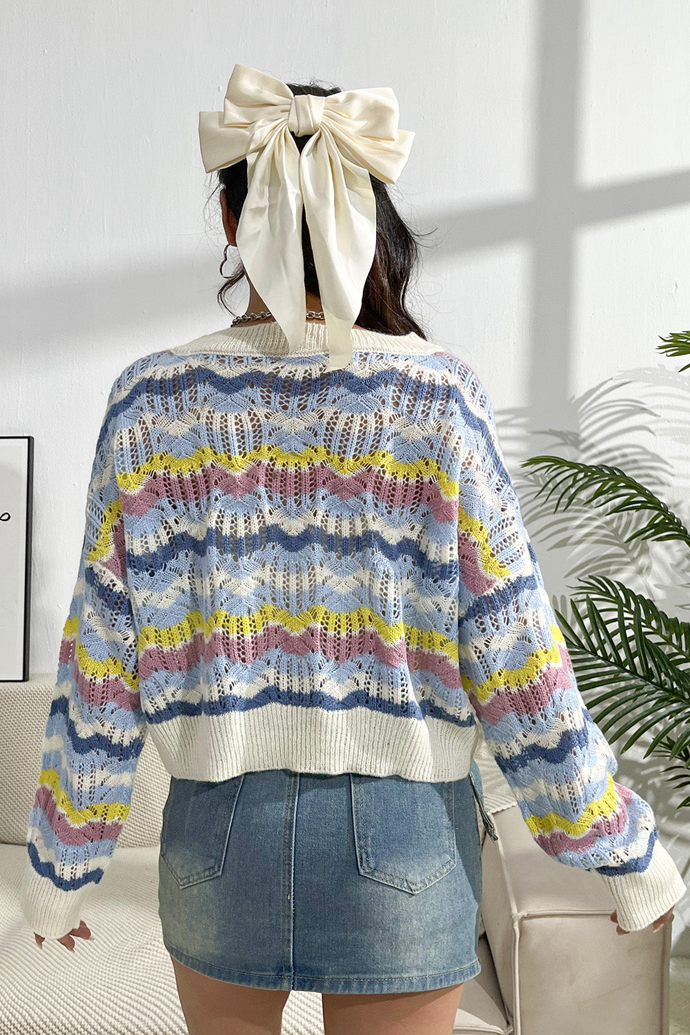 Striped Openwork Dropped Shoulder Sweater 