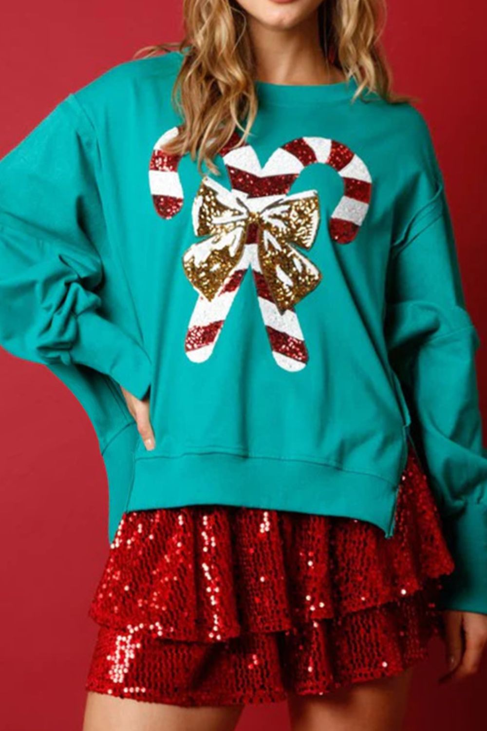 Candy Cane Slit Dropped Shoulder Sweatshirt 