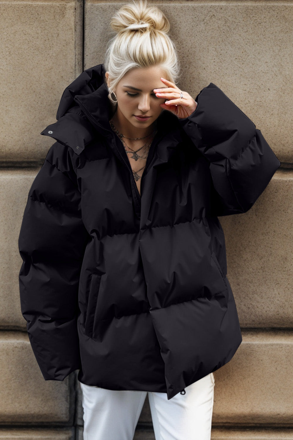 Pocketed Zip Up Hooded Puffer Jacket 