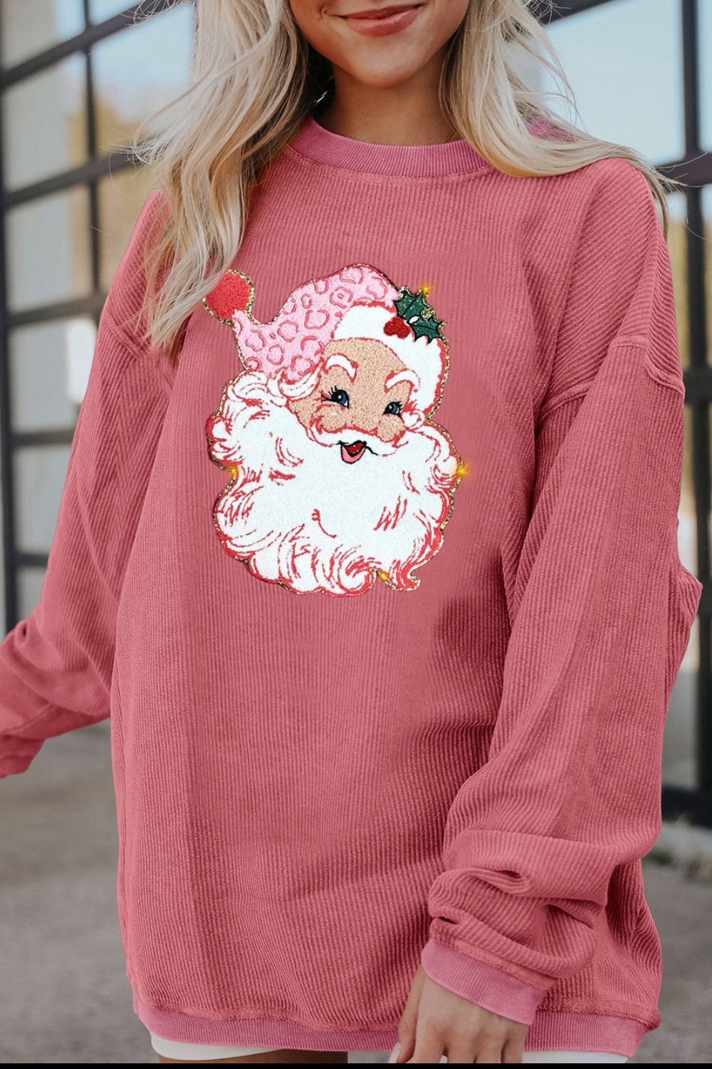 Ribbed Santa Graphic Round Neck Sweatshirt - Babbazon sweatshirt