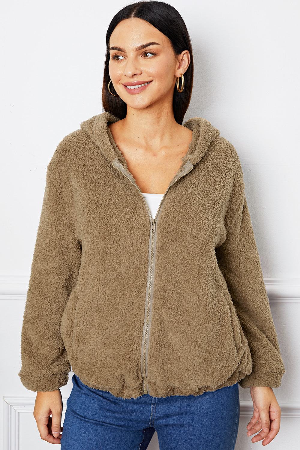 Zip Up Pocketed Hooded Outerwear 