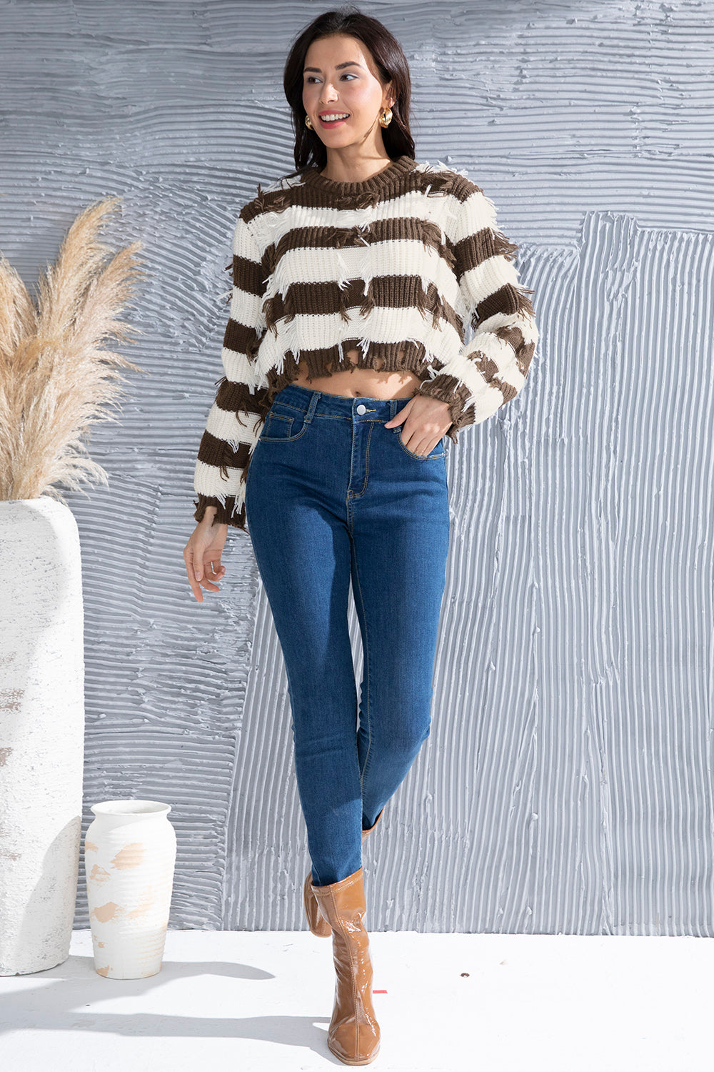 Striped Fringe Round Neck Sweater 