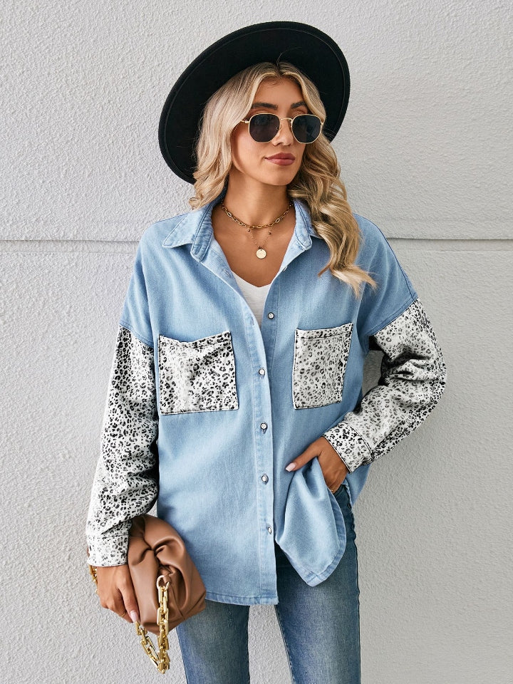 Leopard Button Up Denim Jacket 