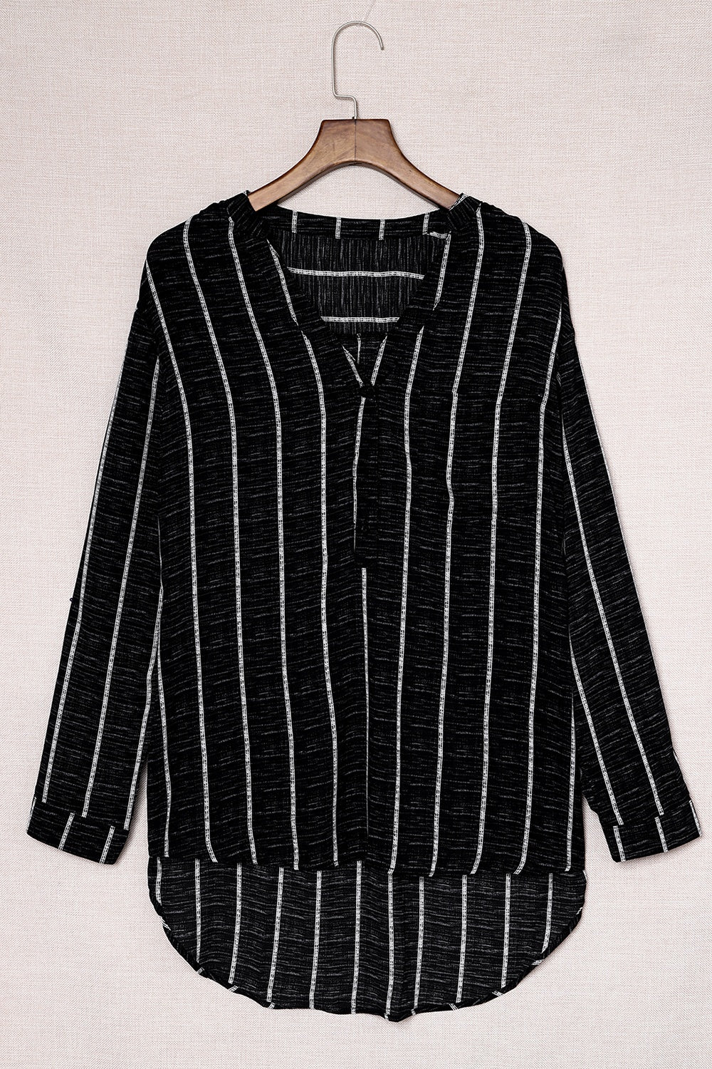 Striped Notched Long Sleeve Shirt - Babbazon Camisole