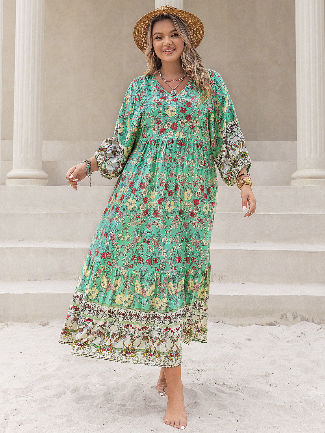 Plus Size Floral V-Neck Balloon Sleeve Midi Dress 