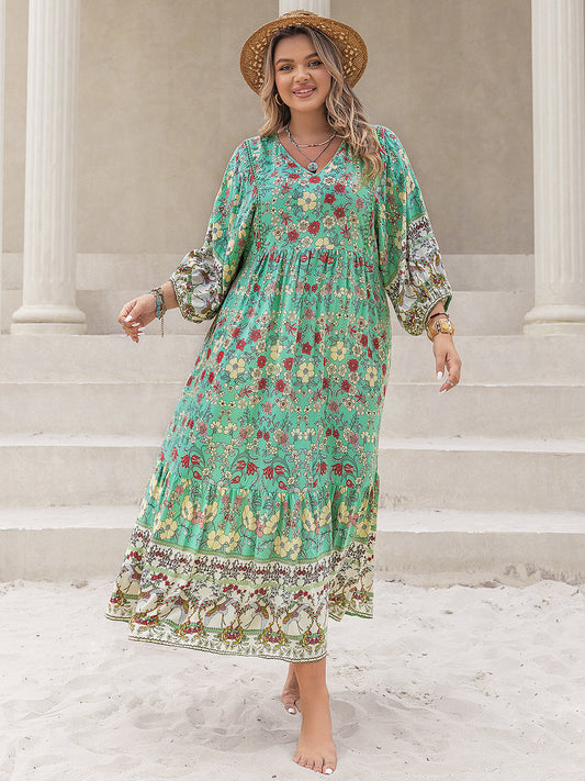 Plus Size Floral V-Neck Balloon Sleeve Midi Dress 