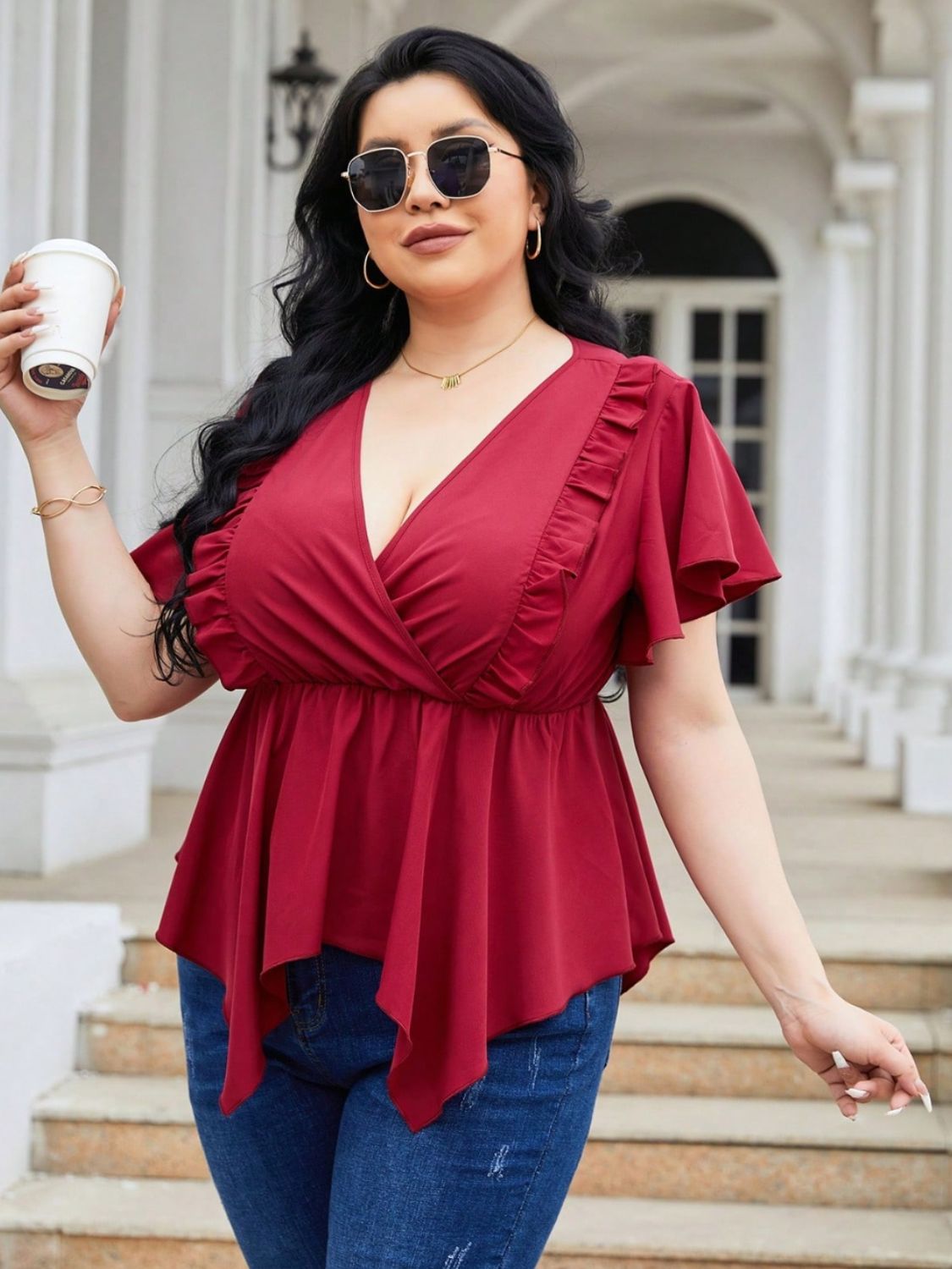 Plus Size Frill Surplice Flutter Sleeve Blouse 