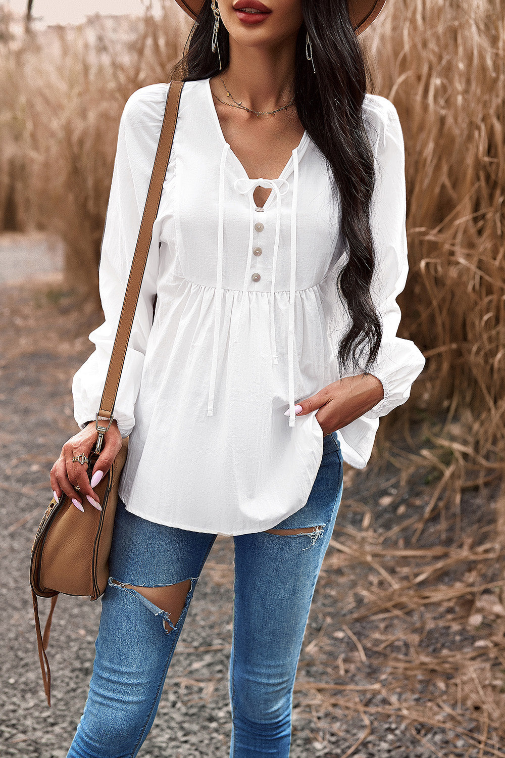 Tied Decorative Button Balloon Sleeve Blouse 