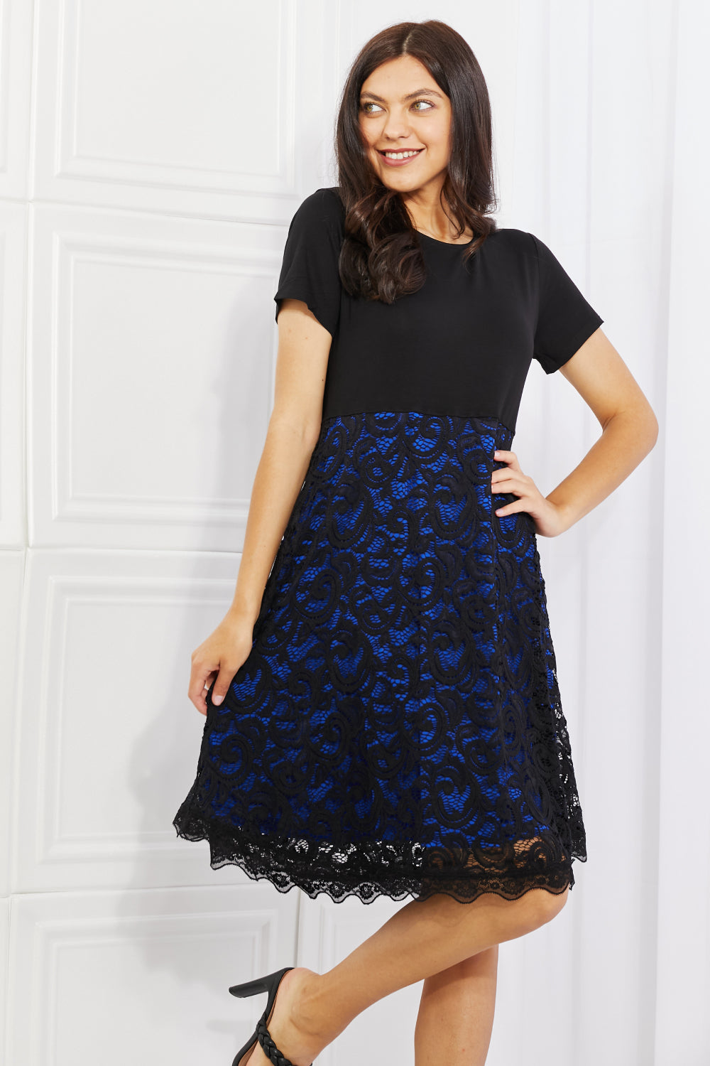 Yelete Full Size Contrasting Lace Midi Dress 