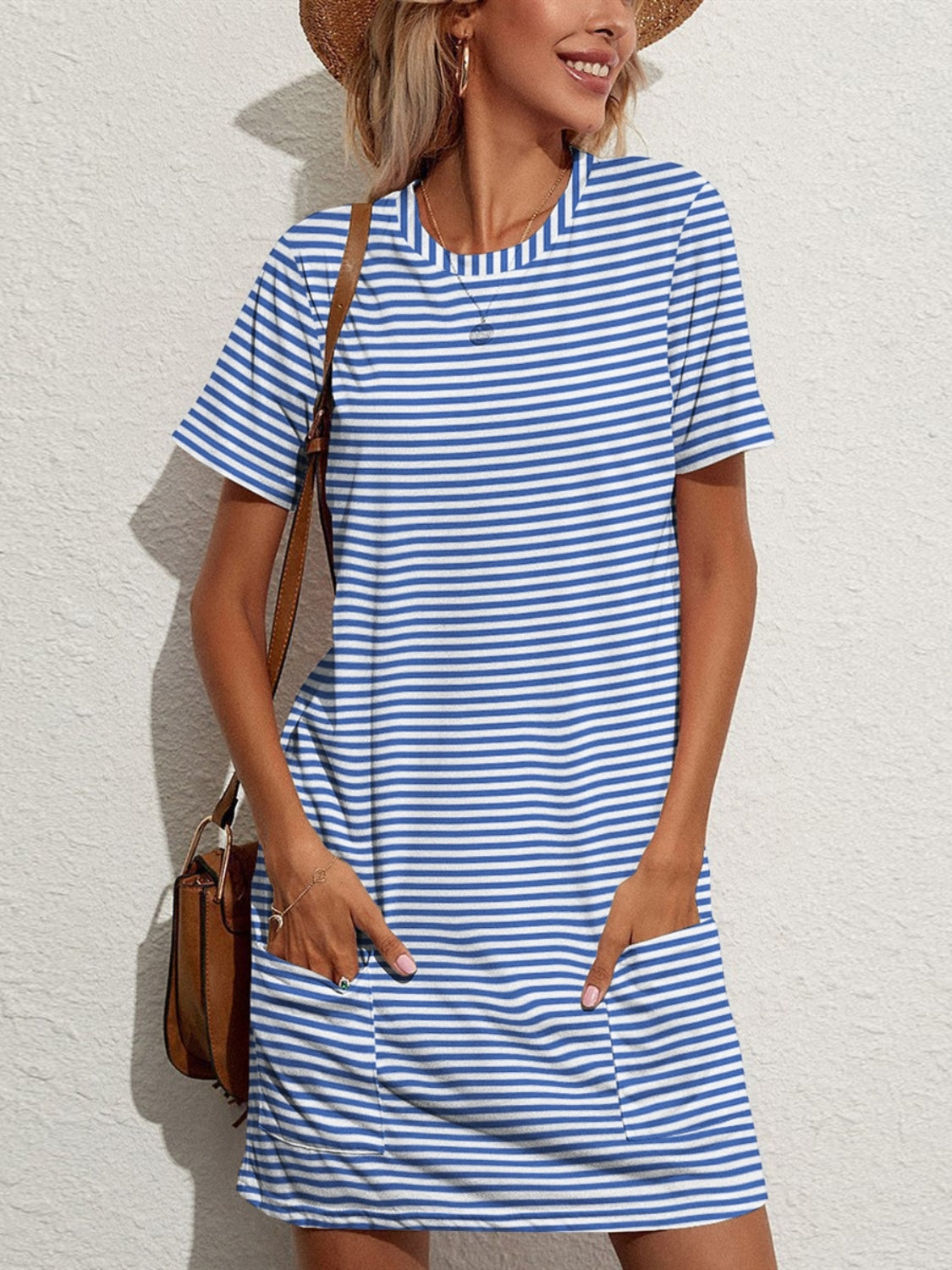 Pocketed Striped Round Neck Short Sleeve Dress - Babbazon