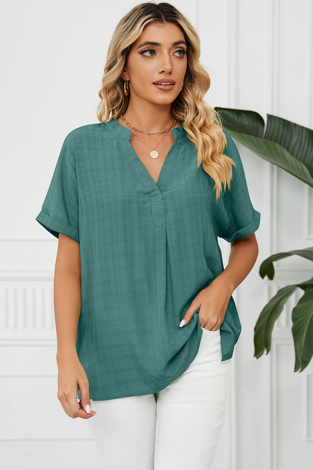 Ruched Notched Short Sleeve Blouse - Babbazon Camisole