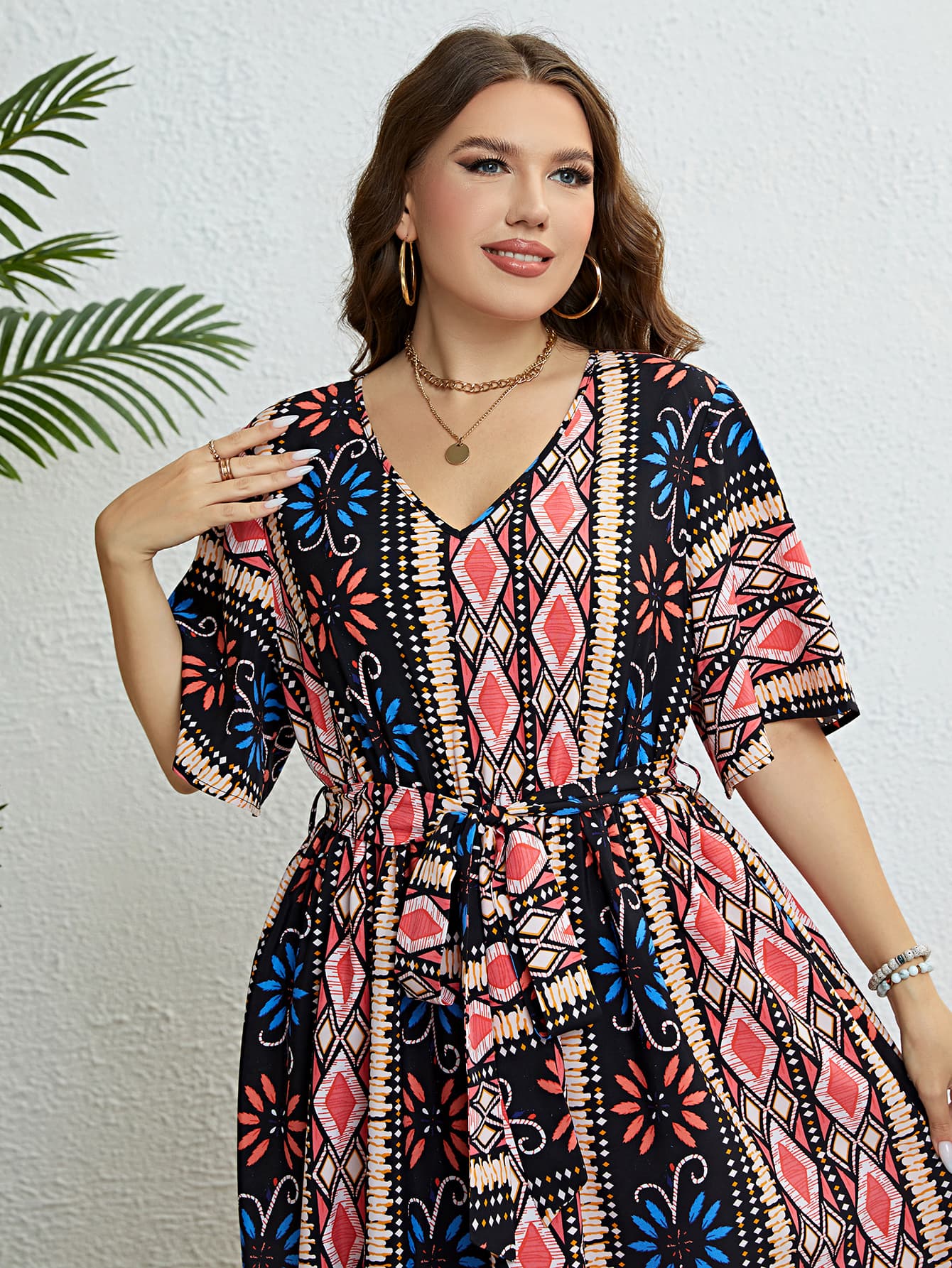 Plus Size Bohemian V-Neck Tie Belt Midi Dress 