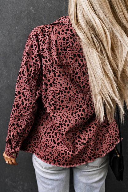 Leopard Raw Hem Button Up Denim Jacket 