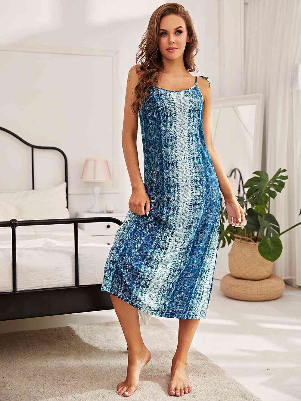 Printed Tie Shoulder Midi Night Dress - Babbazon loungewear