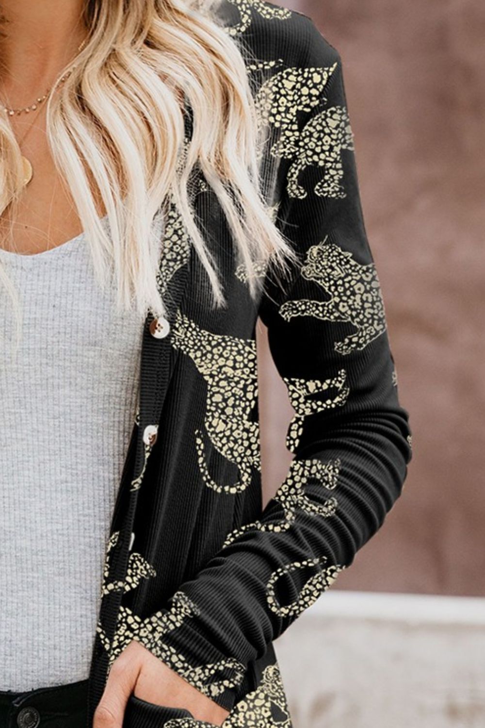 Animal Pattern Ribbed Button Up Long Sleeve Cardigan 