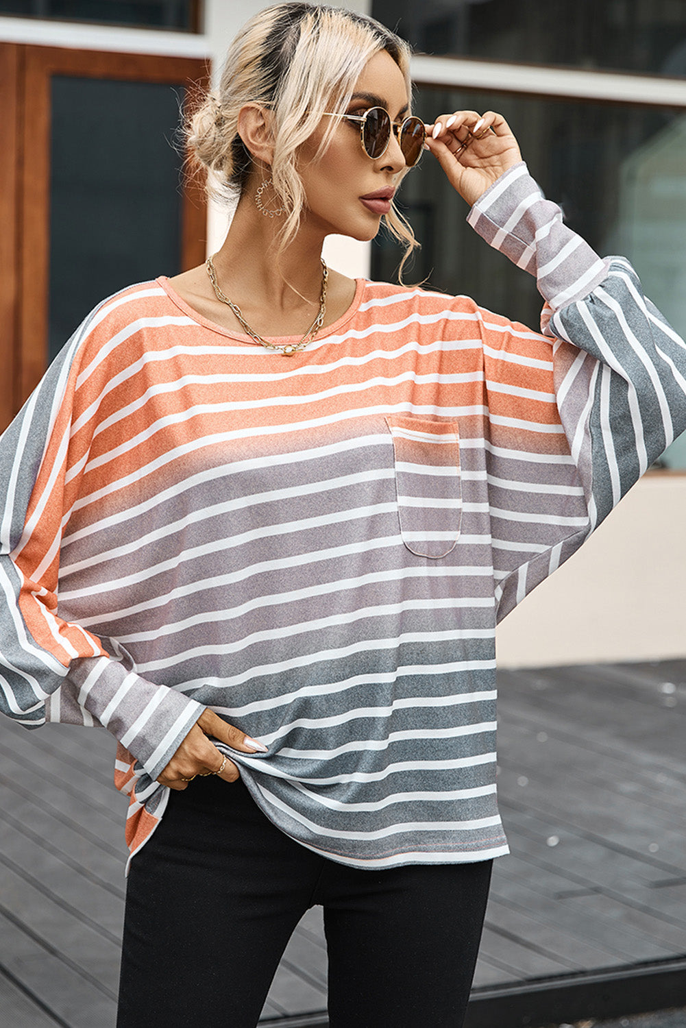 Pocketed Striped Round Neck Batwing Sleeve T-Shirt 