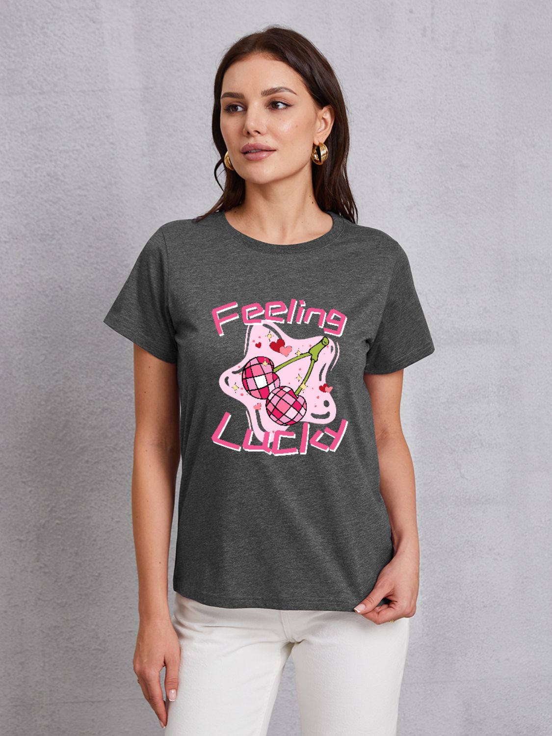 FEELING LUCKY Round Neck Short Sleeve T-Shirt 