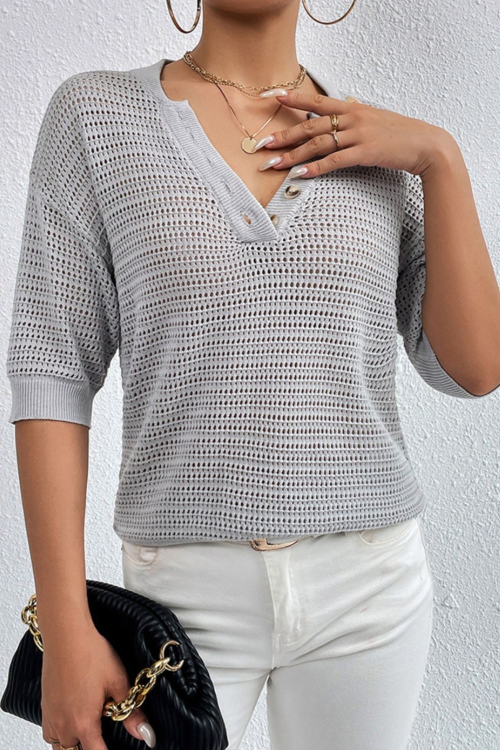 Openwork Half Button Dropped Shoulder Knit Top 