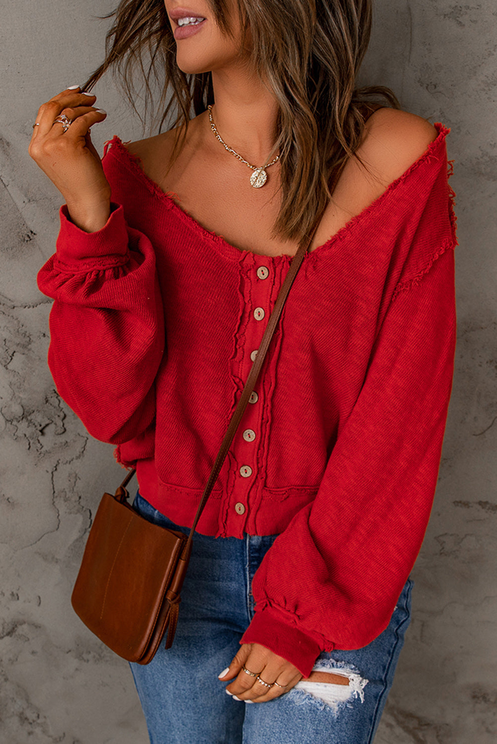 Button Front Frayed Trim Knit Top 