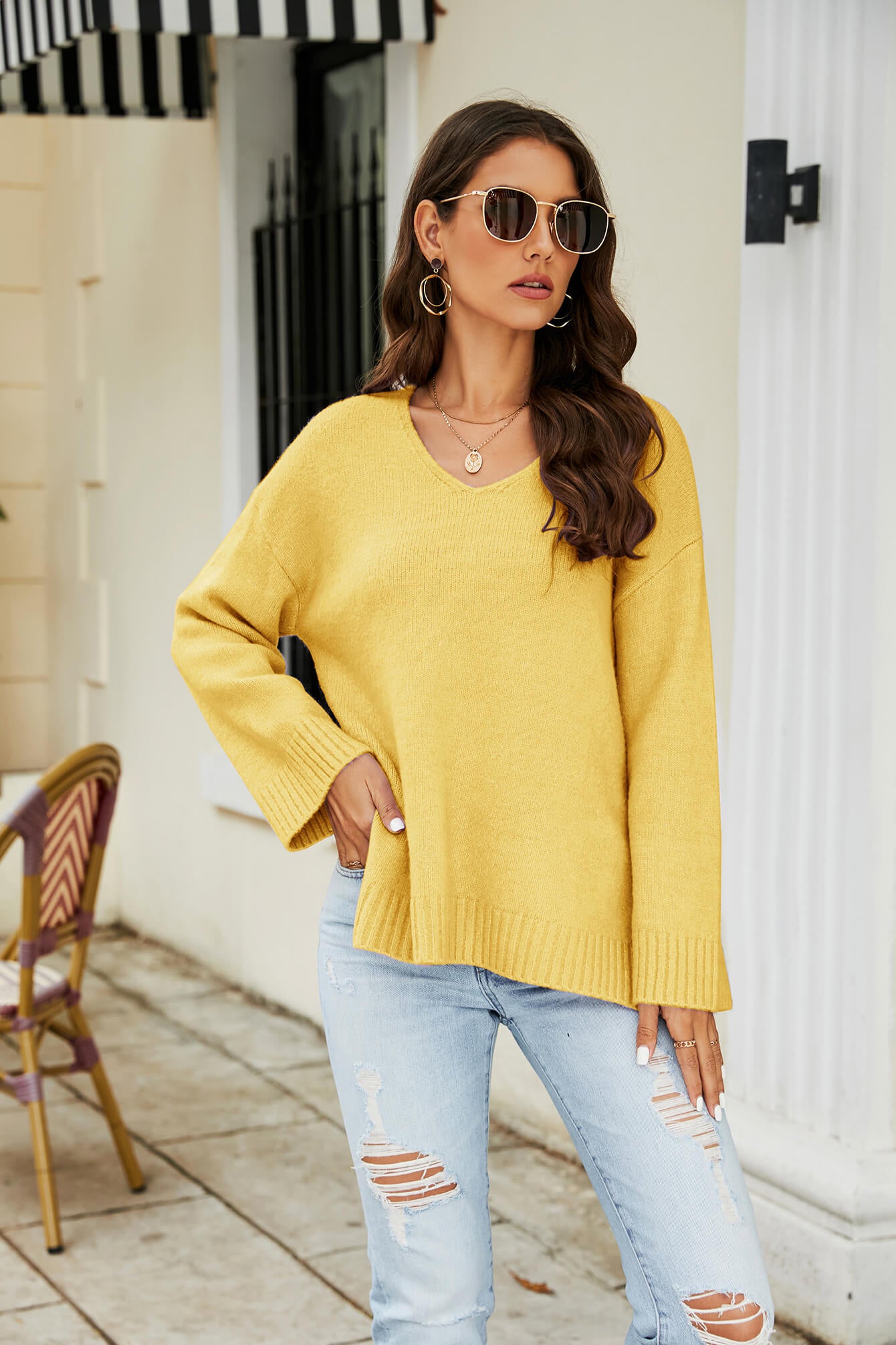 Drop Shoulder V-Neck Knit Pullover 