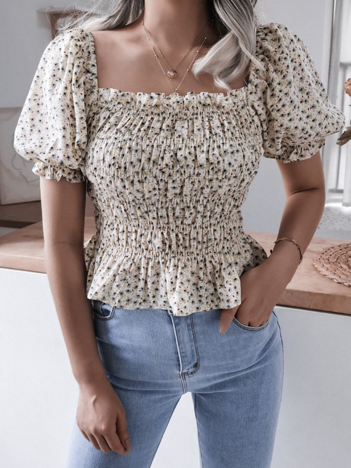 Frill Smocked Square Neck Short Sleeve Blouse 