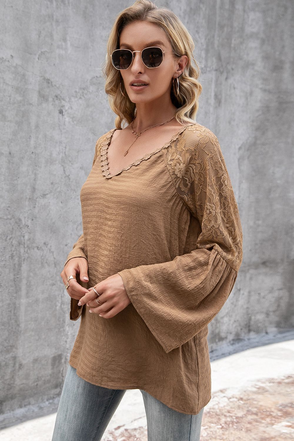 V-Neck Spliced Lace Flare Sleeve Top 