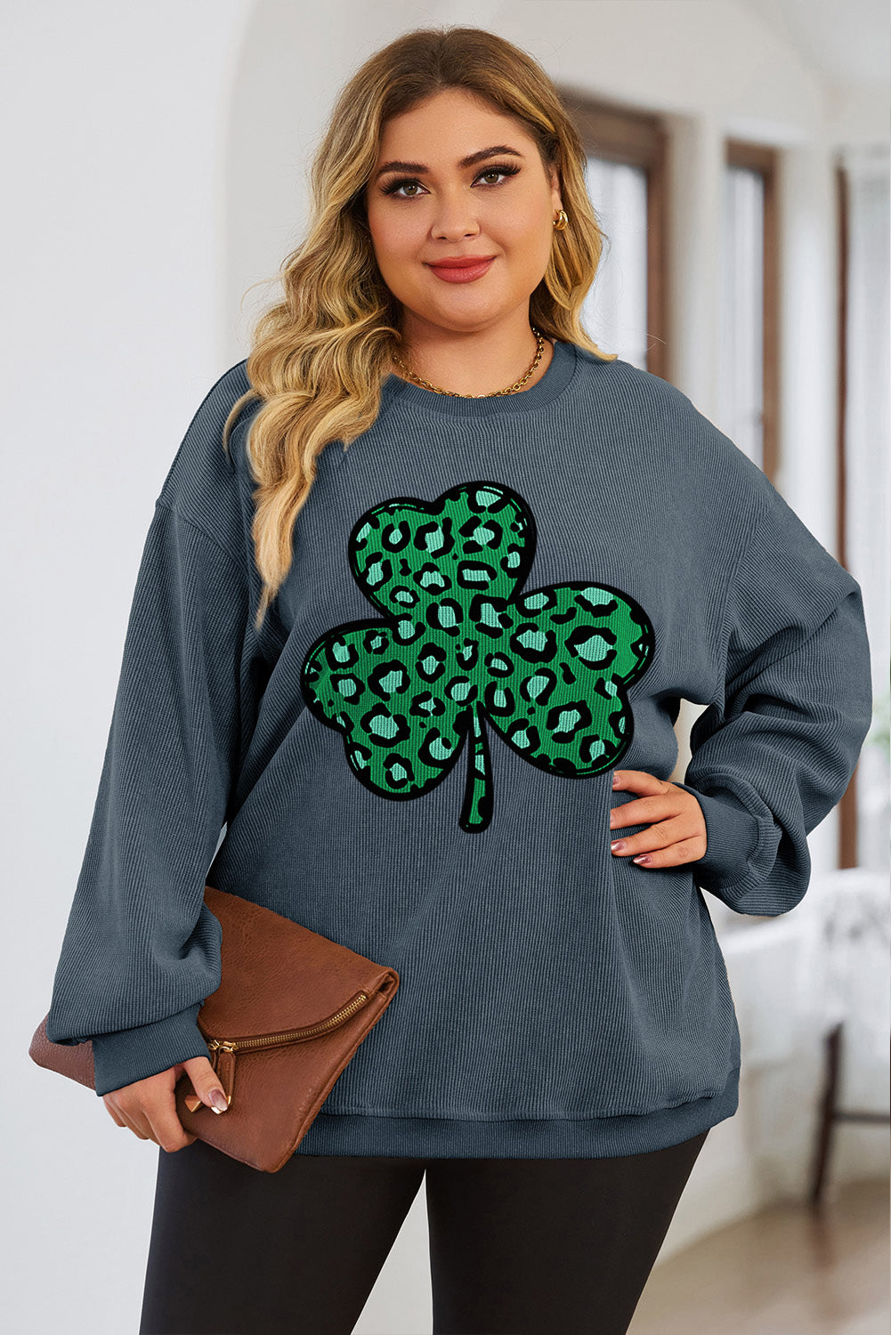 Plus Size Lucky Clover Round Neck Sweatshirt 