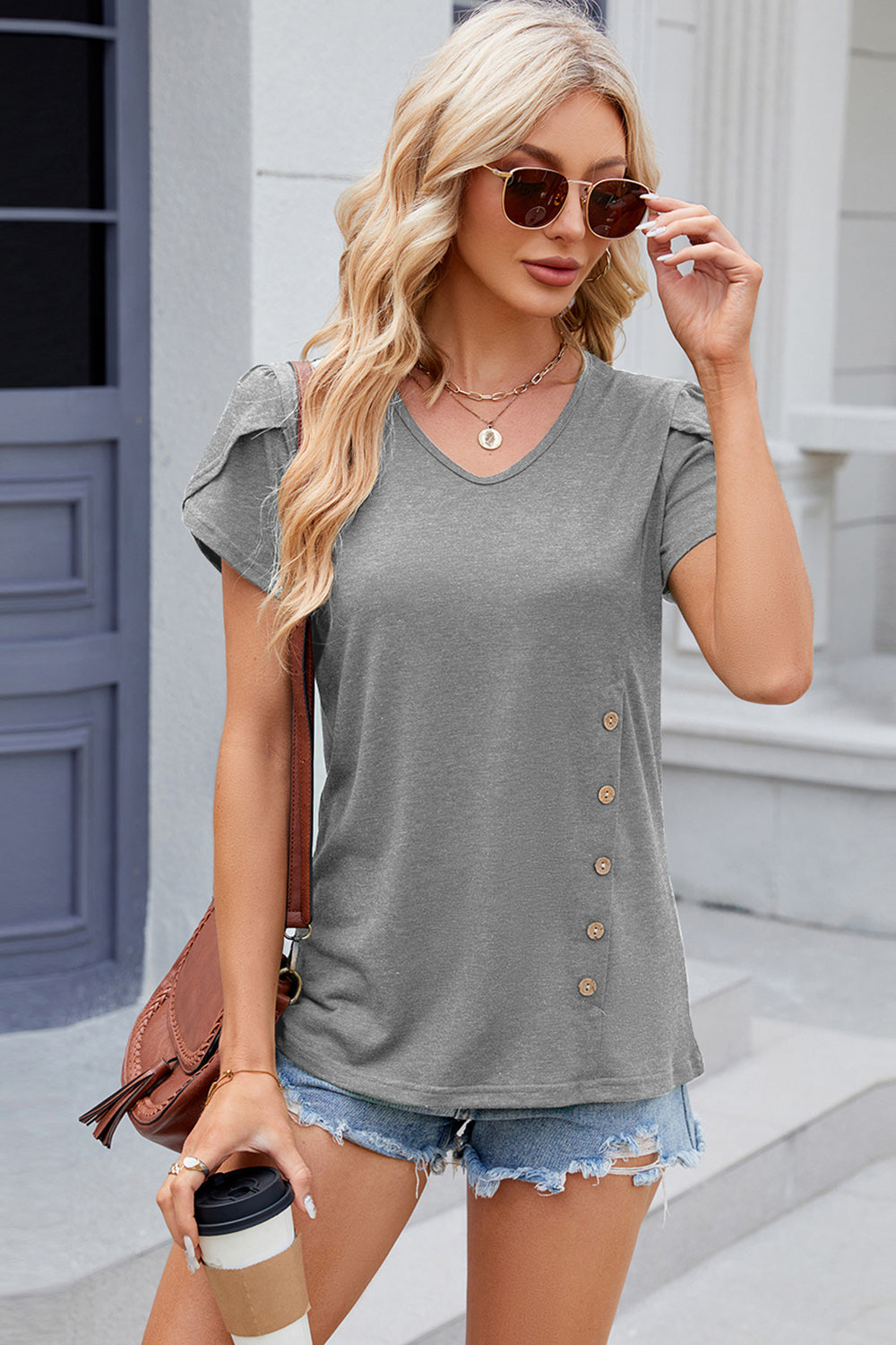 V-Neck Petal Sleeve T-Shirt - Babbazon Tops