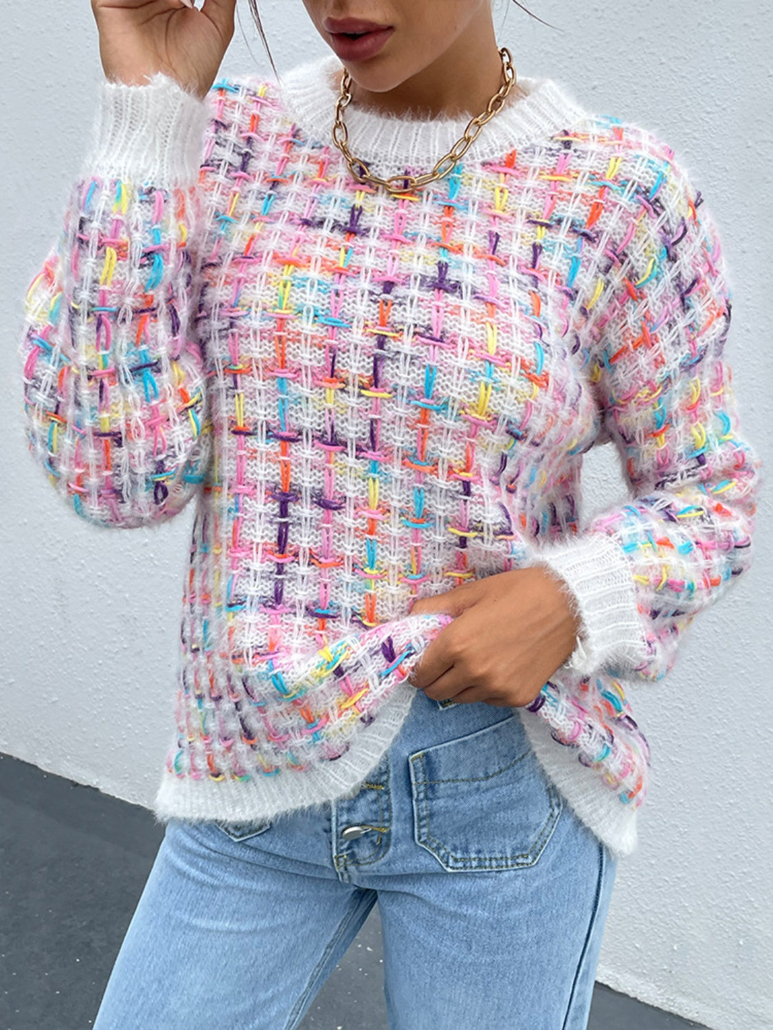 Multicolor Round Neck Dropped Shoulder Sweater 