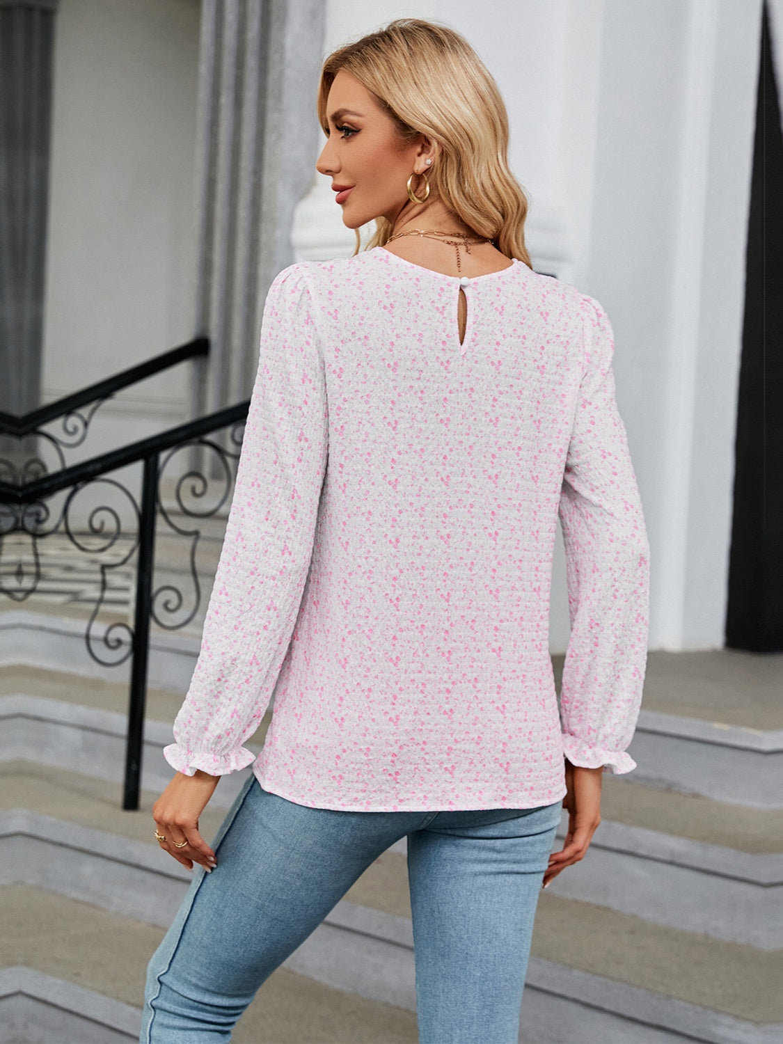 Printed Round Neck Flounce Sleeve Blouse 