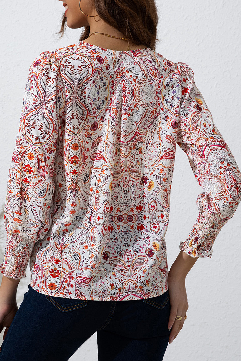 Printed Tie Neck Long Sleeve Blouse 